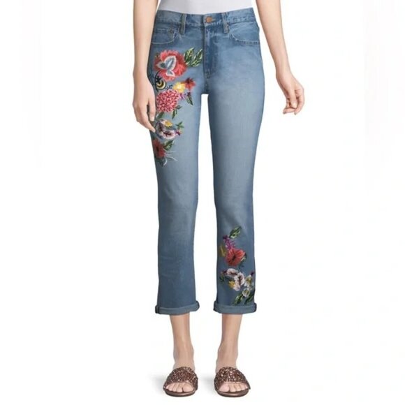 AO.LA Alice & Olivia Embroidered Floral High Rise Crop Denim Jeans - Picture 1 of 6